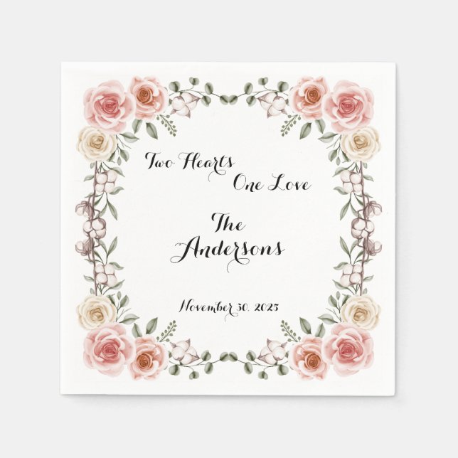 Zwei Herz eine Liebe rustikale Arbor-Rose Hochzeit Serviette (Vorderseite)