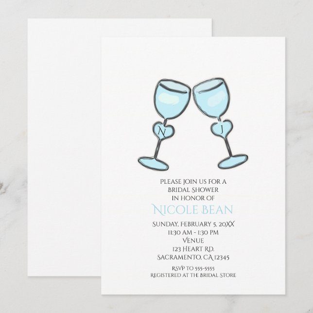 Zwei Herz Weingläser Bridal Dusche Einladungen (Vorne/Hinten)