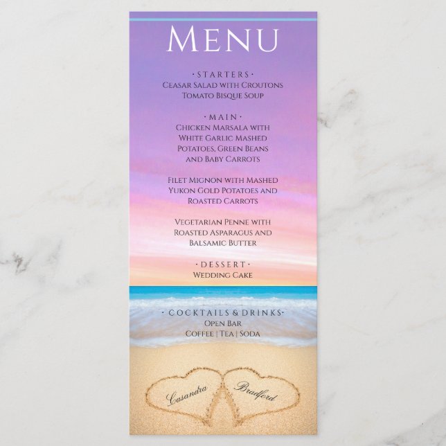 Zwei Herzen am Strand Lila rosa Menü Hochzeit Menükarte (Vorderseite)