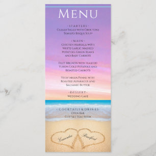 Zwei Herzen am Strand Lila rosa Menü Hochzeit Menükarte