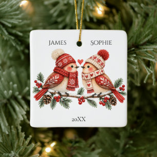 Zwei Herzen, ein skandinavisches Weihnachts-Liebes Keramikornament