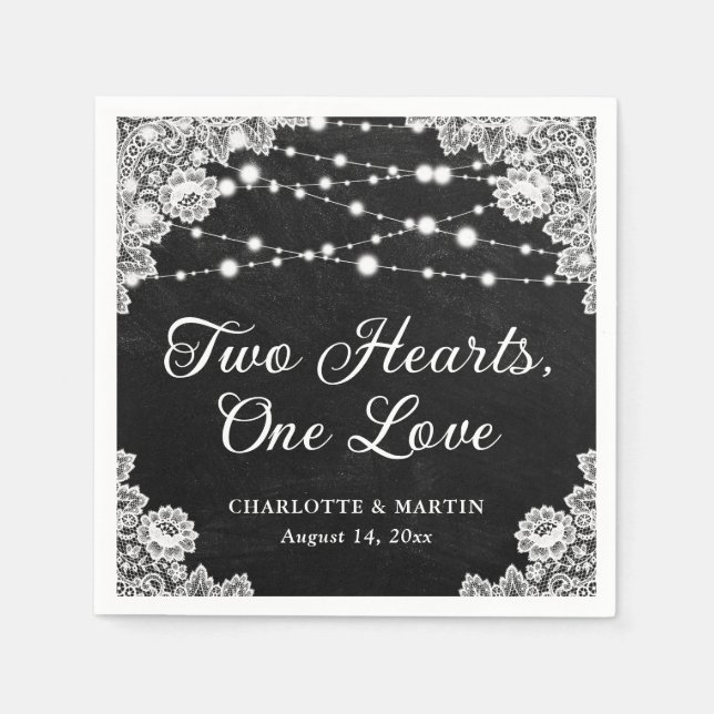 Zwei Herzen eine Liebe Black Chalkboard Hochzeit Serviette (Vorderseite)