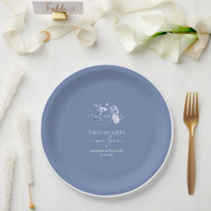 Zwei Herzen · Eine Liebe Dusty Blue Hochzeit Pappteller