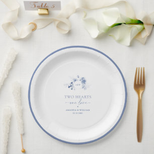 Zwei Herzen · Eine Liebe Dusty Blue Hochzeit Pappteller