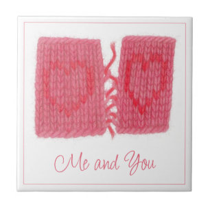 ZWEI HERZEN GESTRICKT 4,25" Keramikfliese + Text