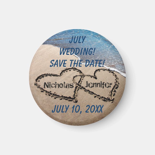 Zwei Herzen im Sand speichern das Datumsfenster Magnet (Vorne)