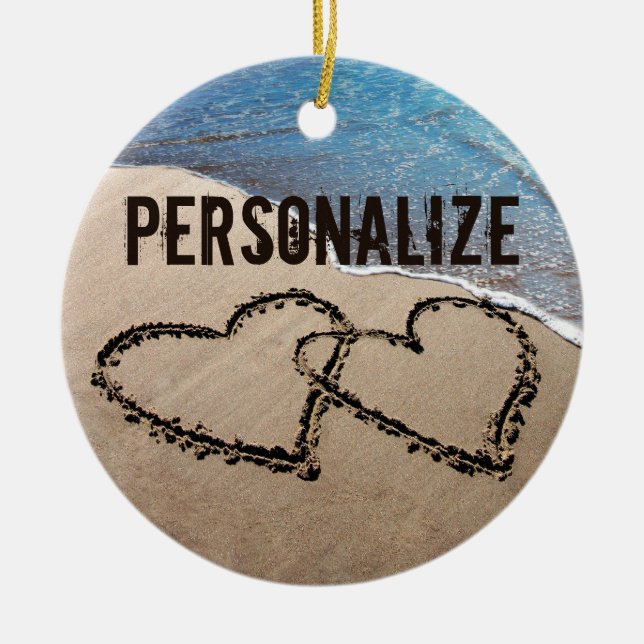 Zwei Herzen in der Sand-Ornament Keramikornament (Vorne)