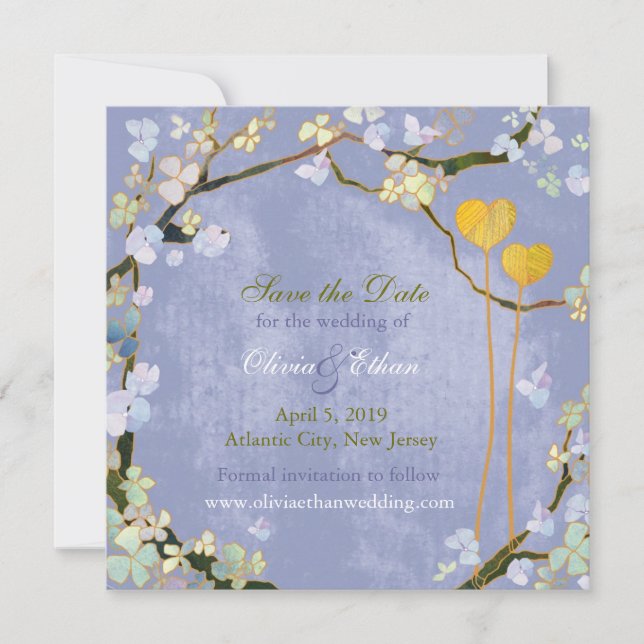 Zwei Herzen rustikale blaue Hochzeit speichern das Save The Date (Vorderseite)