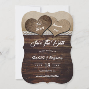 Zwei Herzen werden zu einer rustikalen Hochzeit vo Save The Date