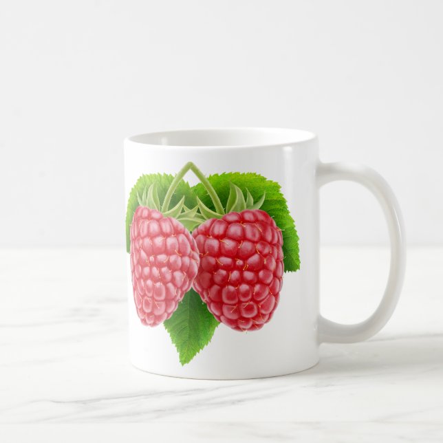 Zwei Himbeeren auf Blättern Kaffeetasse (Rechts)