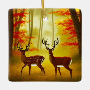 Zwei Hirsche in einem Herbstwald / Wald Keramikornament