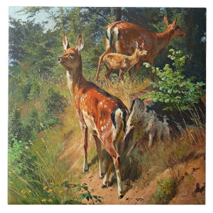 Zwei Hirsche und ein süßes Hirschkalb im Wald Fliese
