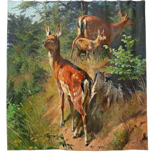 Zwei Hirsche und Niedliche Tiere im Wald Duschvorhang