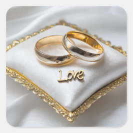 Zwei Hochzeitsringe auf einem weißen Kissen Quadratischer Aufkleber