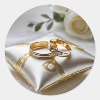 Zwei Hochzeitsringe auf einem weißen Kissen Runder Aufkleber