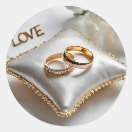 Zwei Hochzeitsringe auf einem weißen Kissen Runder Aufkleber