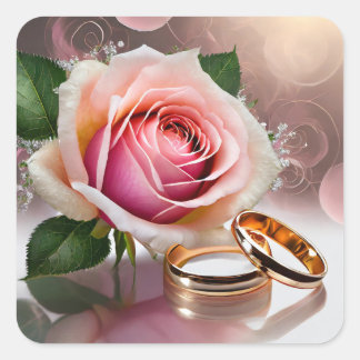 Zwei Hochzeitsringe mit hellrosa Rose Quadratischer Aufkleber