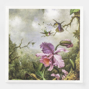 Zwei Humingvögel und ein rosa Orchid Serviette