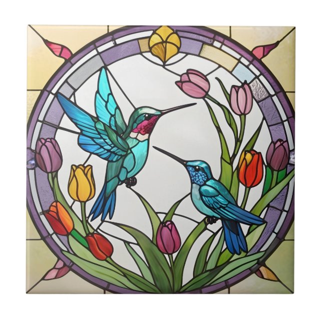 Zwei Hummingbirds & Tulip Blume Imitate aus festem Fliese (Vorderseite)