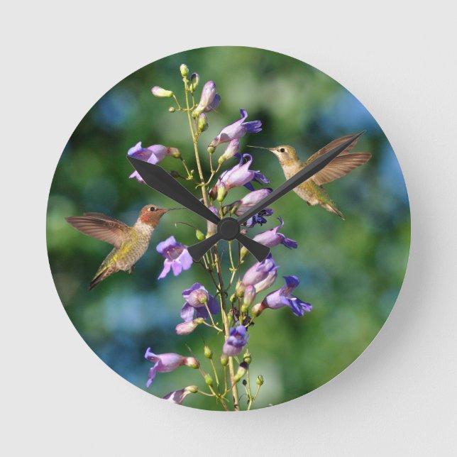 Zwei Hummingvögel fliegen mit Blume, Wall Clock Runde Wanduhr (Vorderseite)