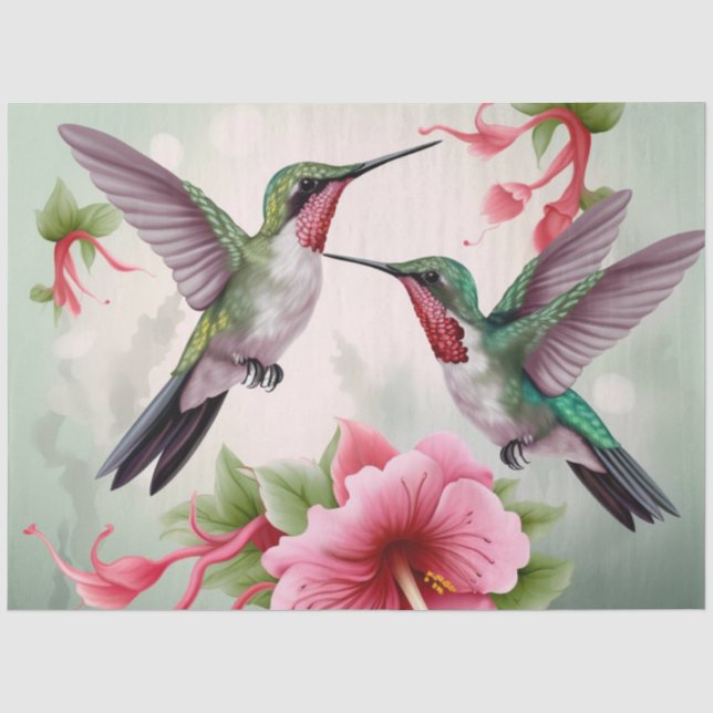Zwei Hummingvögel mit rosa Hibiskus Blume Seidenpapier (Vorderseite)