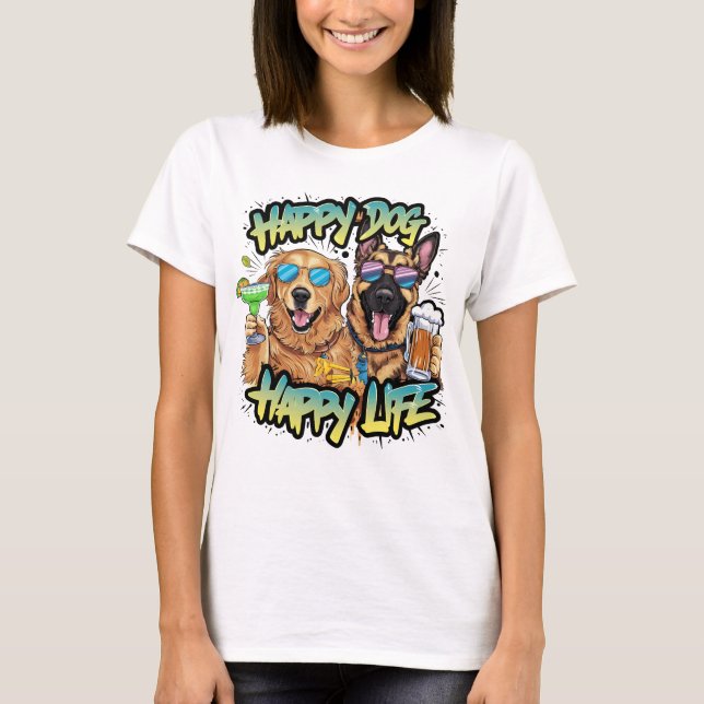 Zwei Hunde trinken Bier und tragen Sonnenbrille T-Shirt (Vorderseite)