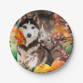 Zwei Husky Hunde, Gartenkarren und Kürbis Pappteller