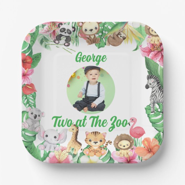 Zwei im Zoo Jungle Safari Kinder Foto Geburtstag Pappteller (Vorderseite)