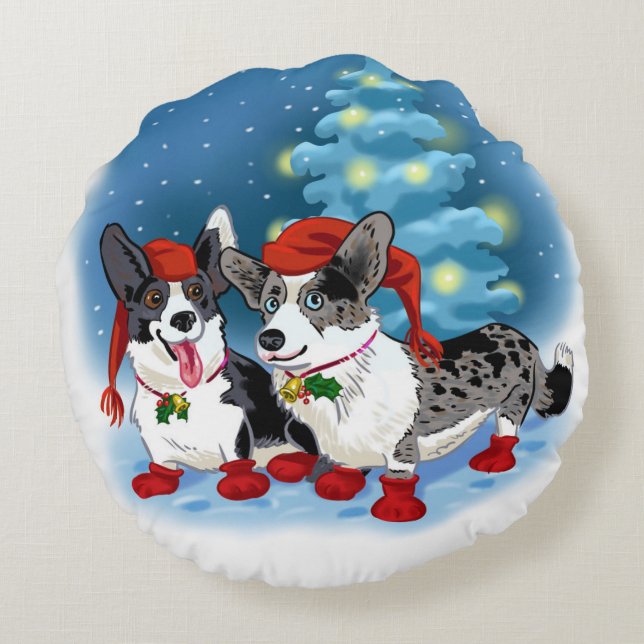 Zwei in einem Corgi Weihnachten Rundes Kissen (Rückseite)