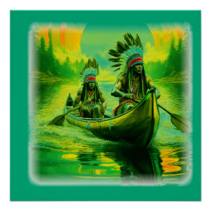 Zwei Indianer rudern auf dem See Poster
