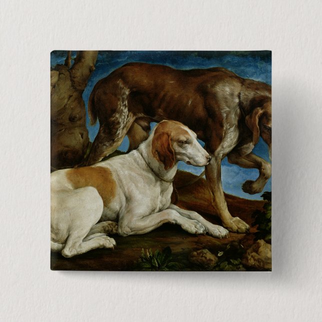 Zwei Jagd-Hunde gebunden an einem Baum-Stumpf, Button (Vorderseite)