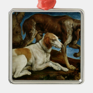 Zwei Jagd-Hunde gebunden an einem Baum-Stumpf, Silbernes Ornament