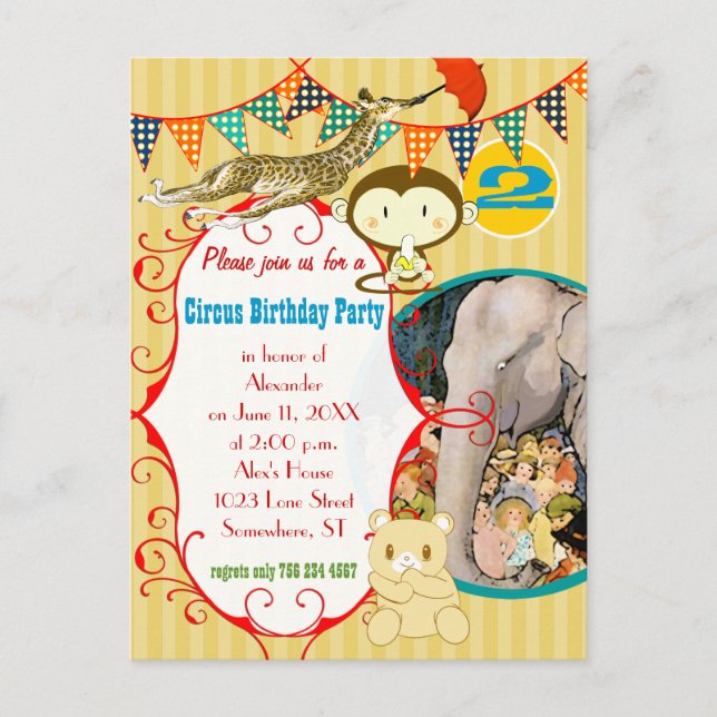 Zwei Jahre alter Zirkus Elephant Monkey Giraffe Pa Einladungspostkarte (Vorderseite)