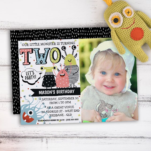 Zwei Jahre altes Monster Geburtstag Einladung (Your little one will be in for a monster of a celebration with this creative invitation.)