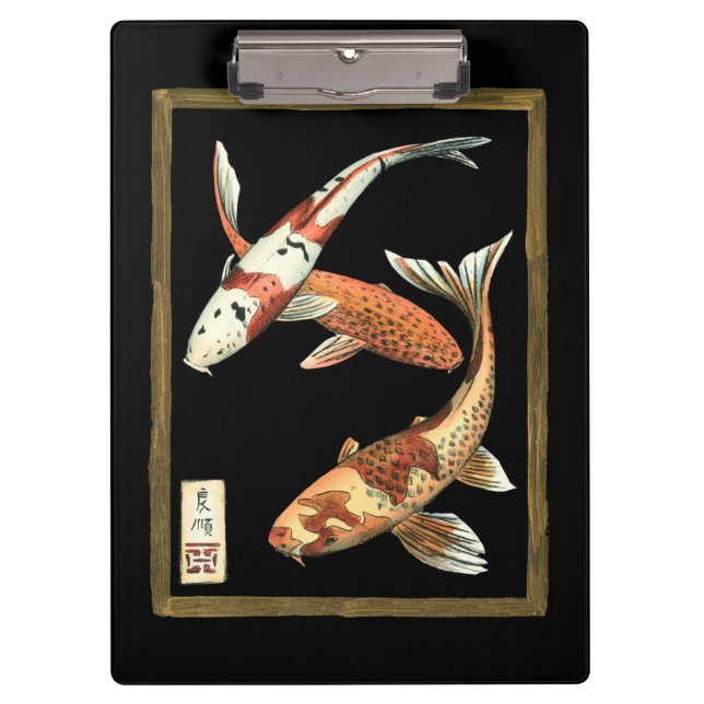Zwei Japaner Koi Goldfisch auf schwarzem Klemmbrett (Vorderseite)