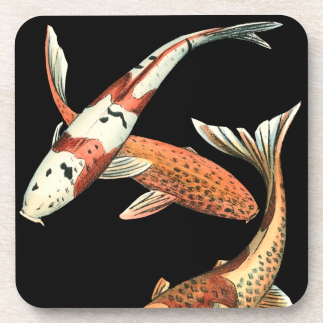 Zwei japanische Koi Goldfish auf schwarzem Hinterg Getränkeuntersetzer (Vorderseite)