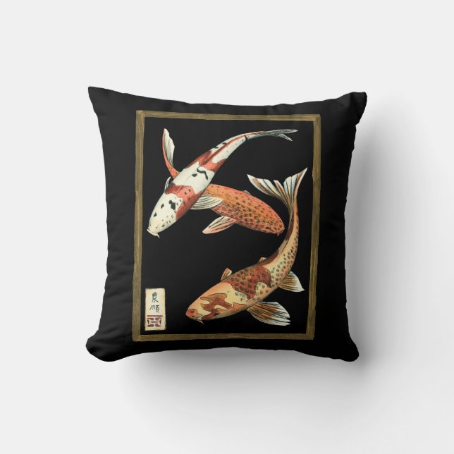 Zwei japanische Koi Goldfish auf schwarzem Hinterg Kissen (Vorderseite)