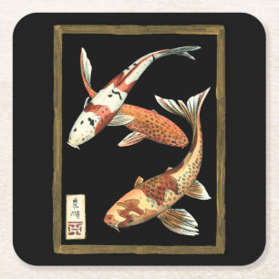 Zwei japanische Koi Goldfish auf schwarzem Hinterg Rechteckiger Pappuntersetzer