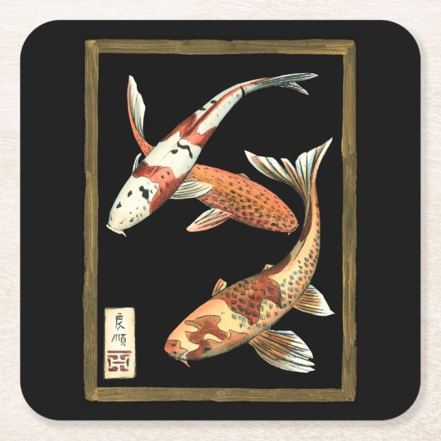 Zwei japanische Koi Goldfish auf schwarzem Hinterg Rechteckiger Pappuntersetzer (Vorderseite)