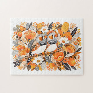 Zwei Java-Sperlinge Orange Schwarz Beige Blumige I