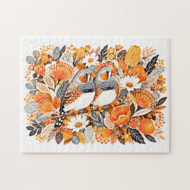 Zwei Java-Sperlinge Orange Schwarz Beige Blumige I (Horizontal)
