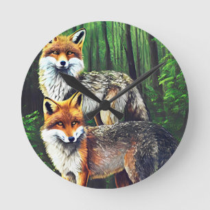 zwei junge Füchse Tier Natur Wildlife Art  Runde Wanduhr