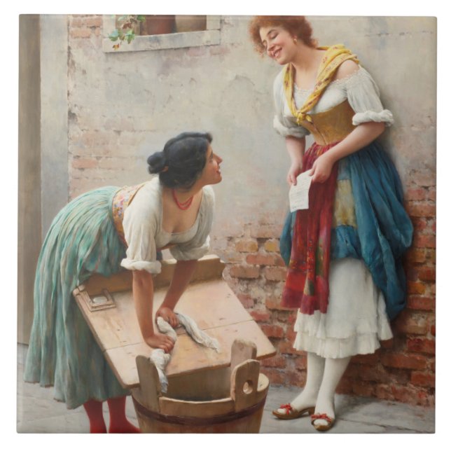 Zwei junge Washerwomen teilen die Nachrichten Fliese (Vorderseite)