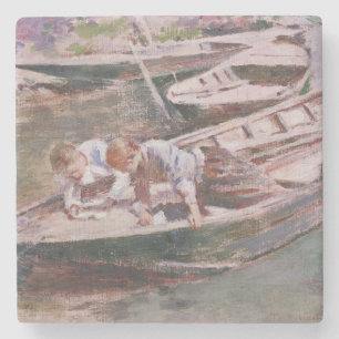 Zwei Jungs in einem Boot (von Theodore Robinson) Steinuntersetzer