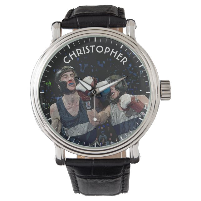 Zwei Kampfboxer in blauen und weißen Helmen Armbanduhr (Vorderseite)