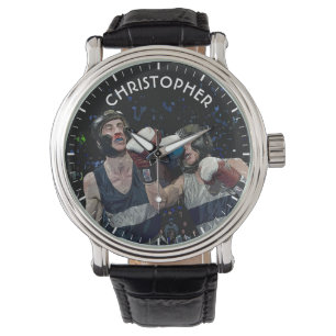 Zwei kämpfende Boxer in den Sturzhelmen in Blauem Armbanduhr