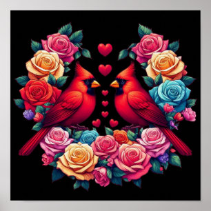 Zwei Kardinäle mit farbenfrohen Rose und Herz Poster