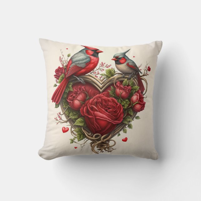 Zwei Kardinäle Retro-Herzdesign Kissen (Vorderseite)