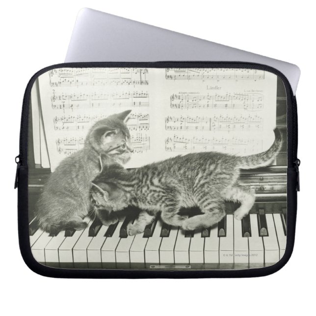 Zwei Kätzchen auf Klaviertastatur (B&W) Laptopschutzhülle (Vorderseite)