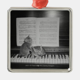 Zwei Kätzchen, die auf Klaviertastatur durch Blat Silbernes Ornament